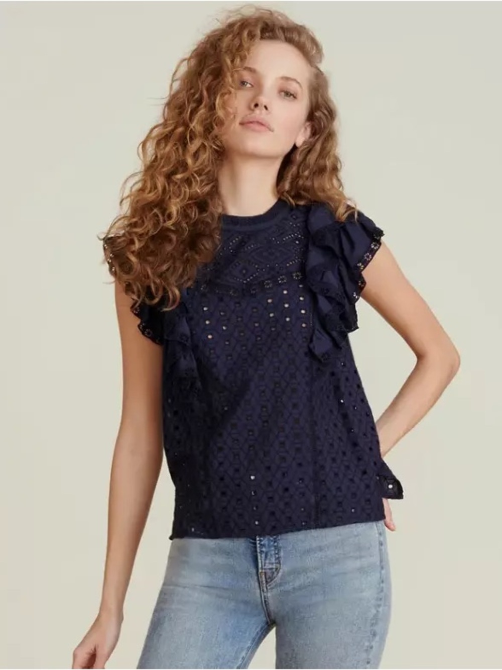 Veronica Beard Jie Top Navy Eyelet Ruffle Sleeve Blouse Size 12 Preppy Nautical